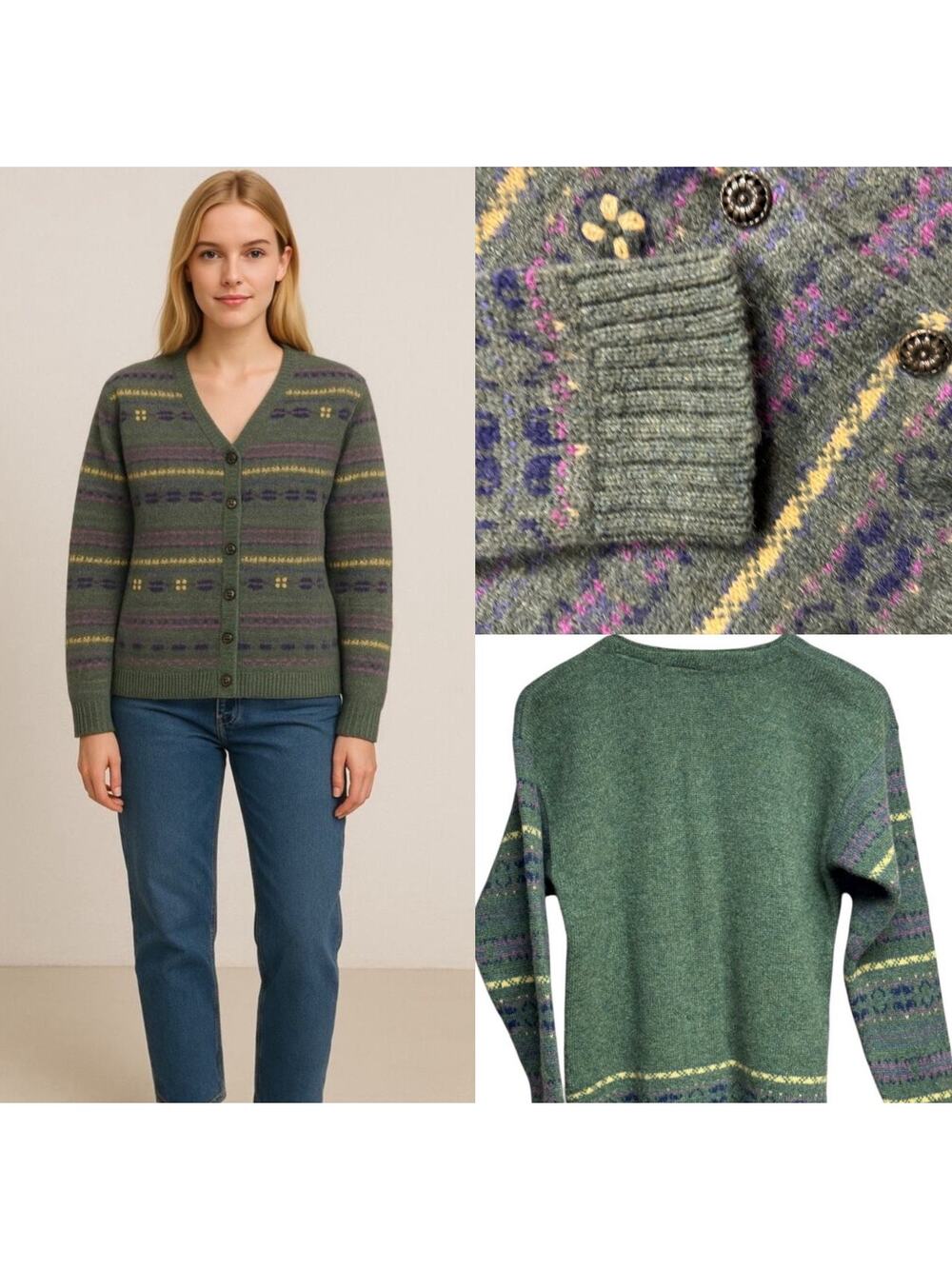 Vintage Northern Reflections Fair Isle Wool Cardigan Sweater Green Size Large